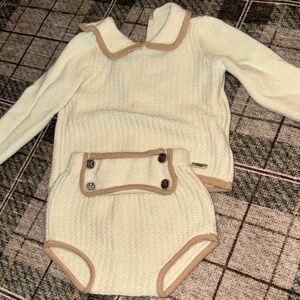 Cream Knit Baby Set with Tan Trim - Classic Two-Piece